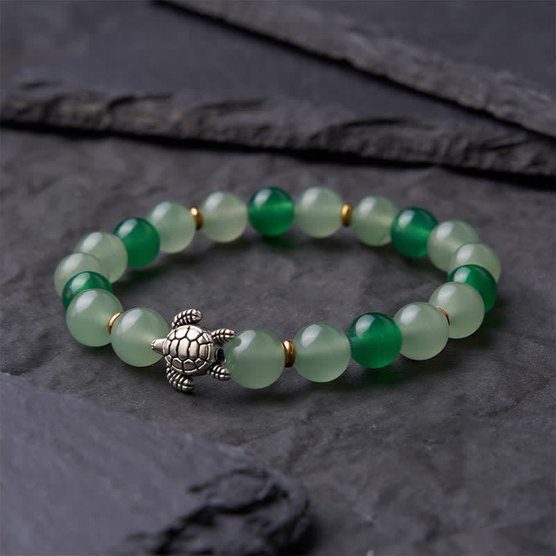 Buddha Stones Natürliches grünes Achat- und Aventurin-Perlenarmband mit Schildkrötenmotiv - image 3