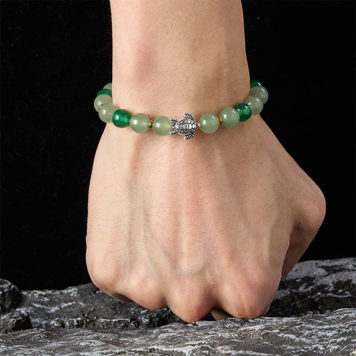 Buddha Stones Natürliches grünes Achat- und Aventurin-Perlenarmband mit Schildkrötenmotiv - image 4