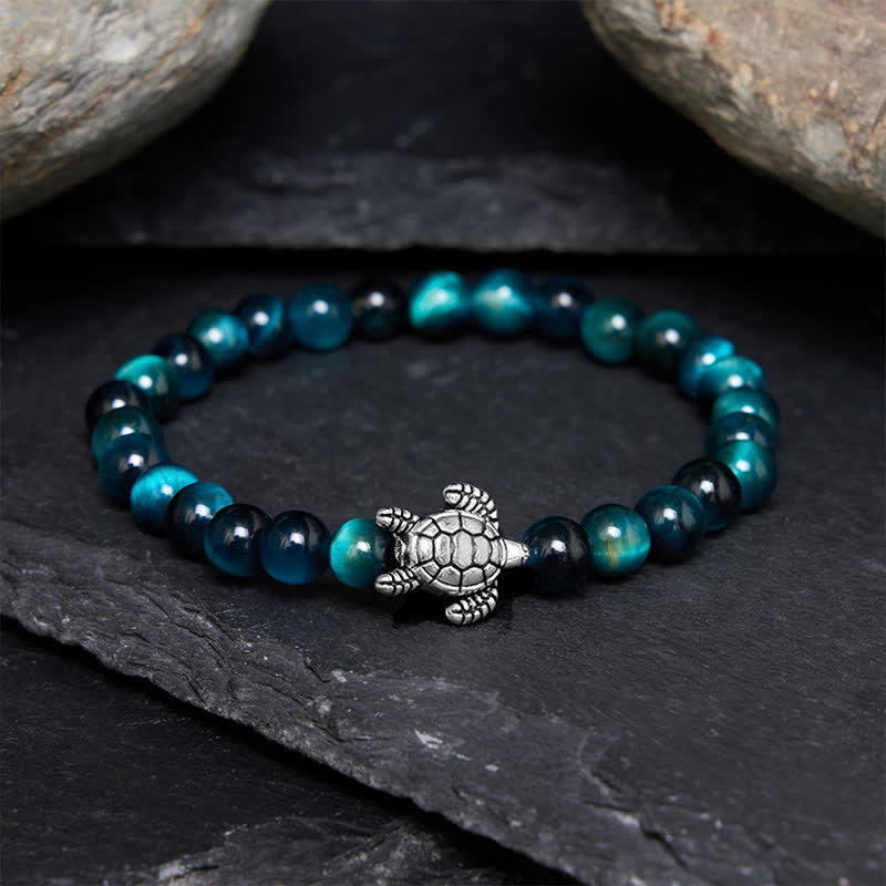 Buddha Stones Kraftvolles Armband aus blauem Tigerauge-Kupfer mit Schildkrötenmotiv - 6 mm blauer Tigerauge (Handgelenkumfang: 14–15 cm) - image 0