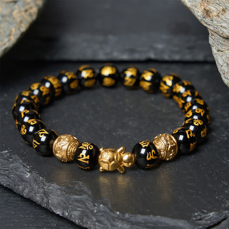 Buddha Stones Armband aus natürlichem schwarzem Onyx mit Om-Mani-Padme-Hum-Schildkrötenstärke - 8 mm schwarzer Onyx (Handgelenkumfang: 15–16 cm) - image 0