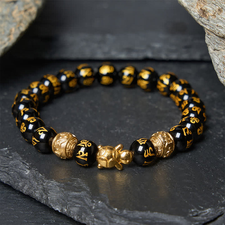 Buddha Stones Armband aus natürlichem schwarzem Onyx mit Om-Mani-Padme-Hum-Schildkrötenstärke - 8 mm schwarzer Onyx (Handgelenkumfang: 15–16 cm) - image 0