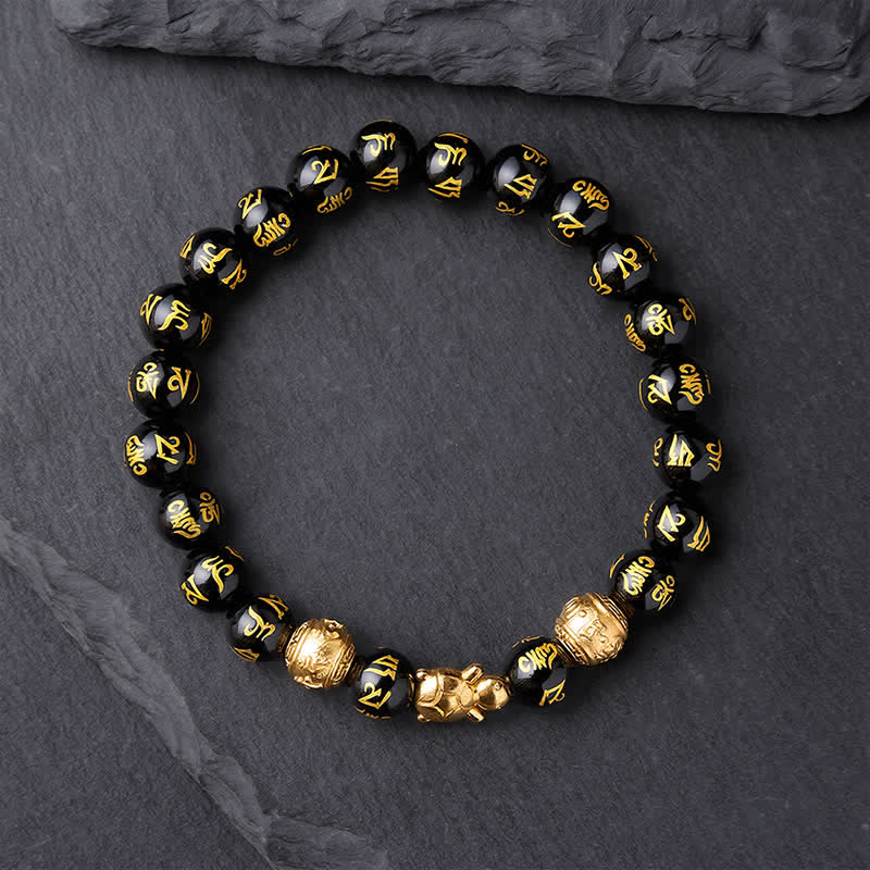 Buddha Stones Armband aus natürlichem schwarzem Onyx mit Om-Mani-Padme-Hum-Schildkrötenstärke - image 1