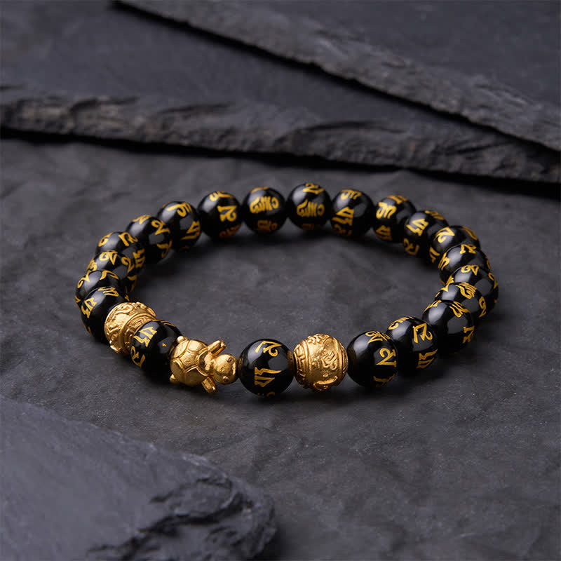 Buddha Stones Armband aus natürlichem schwarzem Onyx mit Om-Mani-Padme-Hum-Schildkrötenstärke - image 2