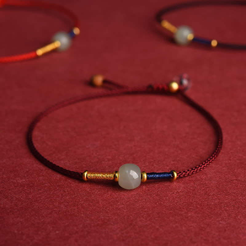 Buddha Stones Verstellbares Armband/Fußkettchen mit runden Jadeperlen und rotem Faden - Armband - Dunkelrot (5,9–8,3 Zoll/15–21 cm) - image 0