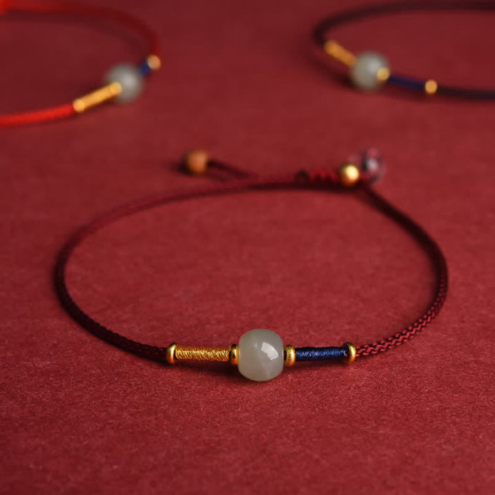 Buddha Stones Verstellbares Armband/Fußkettchen mit runden Jadeperlen und rotem Faden - Armband - Dunkelrot (5,9–8,3 Zoll/15–21 cm) - image 0
