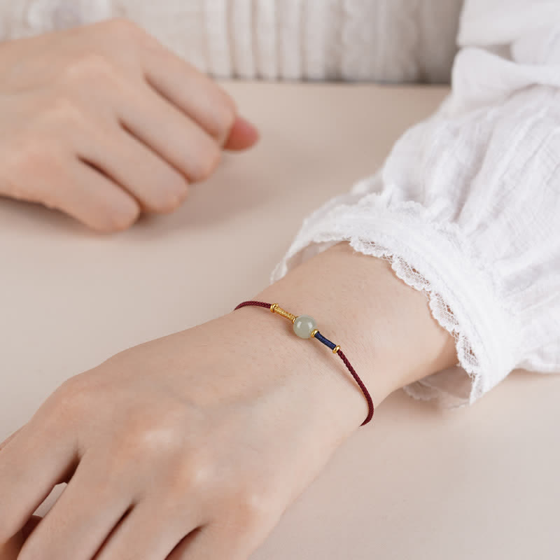 Buddha Stones Verstellbares Armband/Fußkettchen mit runden Jadeperlen und rotem Faden - image 5