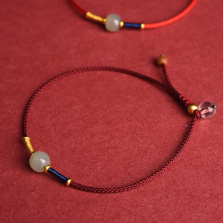 Buddha Stones Verstellbares Armband/Fußkettchen mit runden Jadeperlen und rotem Faden - image 1