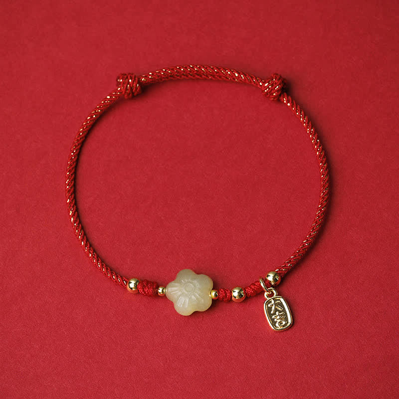Buddha Stones Verstellbares Schutzarmband aus Hetian-Jade (Cyan-Nuance) mit Blumenmotiv und Zugband - Rot (Handgelenkumfang: 15–19 cm) - image 1