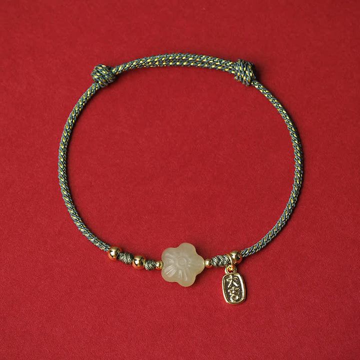 Buddha Stones Verstellbares Schutzarmband aus Hetian-Jade (Cyan-Nuance) mit Blumenmotiv und Zugband - Grün (Handgelenkumfang: 15–19 cm) - image 4
