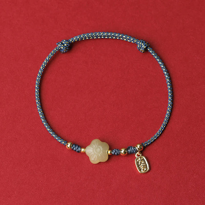 Buddha Stones Verstellbares Schutzarmband aus Hetian-Jade (Cyan-Nuance) mit Blumenmotiv und Zugband - Blau (Handgelenkumfang: 15–19 cm) - image 3