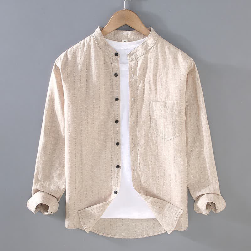 Buddha Stones Lässiges Herrenhemd im Tang-Stil mit Stehkragen, Streifenmuster und Tasche, langärmlig, aus Leinen, mit Tasche. - Khaki - US/UK/AU42, EU52 (3XL) - image 2