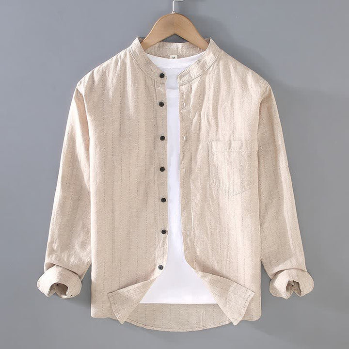 Buddha Stones Lässiges Herrenhemd im Tang-Stil mit Stehkragen, Streifenmuster und Tasche, langärmlig, aus Leinen, mit Tasche. - Khaki - US/UK/AU42, EU52 (3XL) - image 2