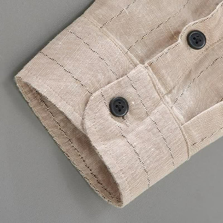 Buddha Stones Lässiges Herrenhemd im Tang-Stil mit Stehkragen, Streifenmuster und Tasche, langärmlig, aus Leinen, mit Tasche. - image 6