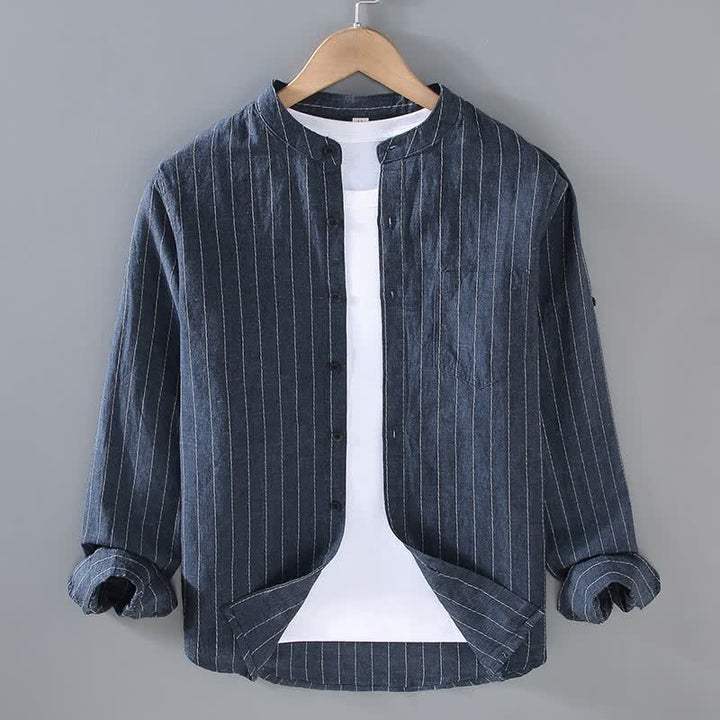 Buddha Stones Lässiges Herrenhemd im Tang-Stil mit Stehkragen, Streifenmuster und Tasche, langärmlig, aus Leinen, mit Tasche. - Mitternachtsblau - US/UK/AU42, EU52 (3XL) - image 0