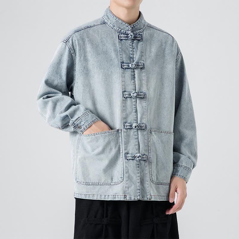 Buddha Stones Herbstliche Vintage-Herrenjacken im Tang-Stil mit Stehkragen, gewaschen, einfarbig, mit Tasche - Hellstahlblau - US/UK/AU42, EU52 (3XL) - image 7