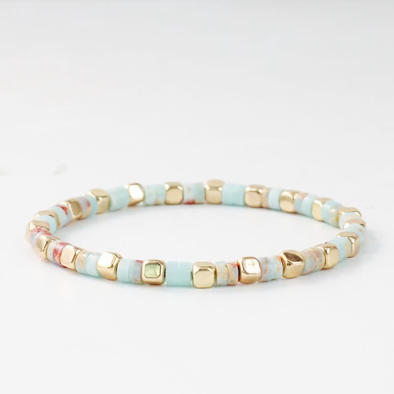 Buddha Stones Armband aus blauen Fleckenjaspis- und grünen Aventurinperlen in Fassform - image 3