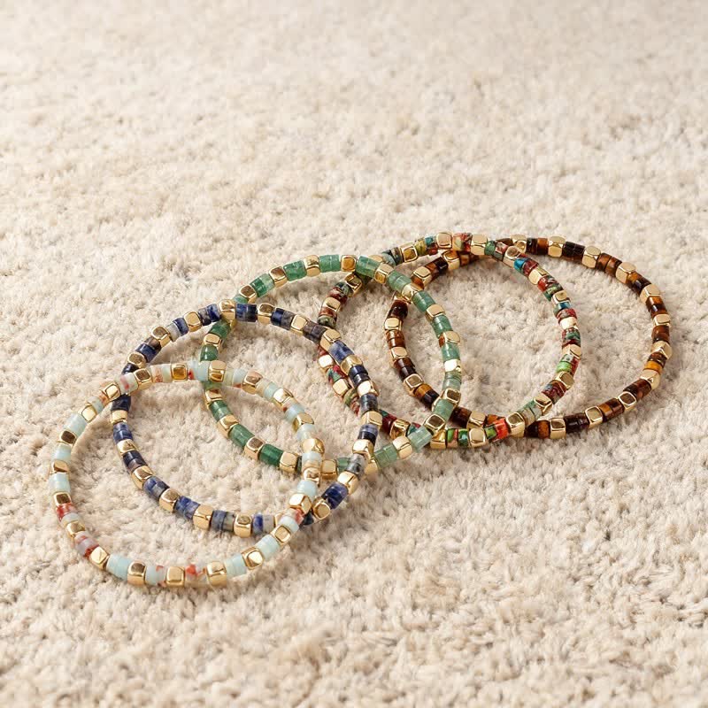 Buddha Stones Armband aus blauen Fleckenjaspis- und grünen Aventurinperlen in Fassform - image 13