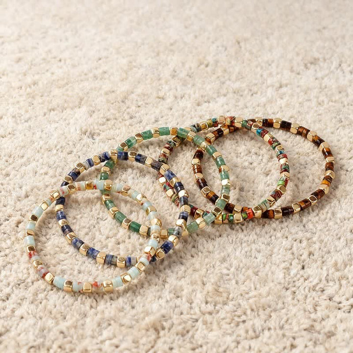 Buddha Stones Armband aus blauen Fleckenjaspis- und grünen Aventurinperlen in Fassform - image 13