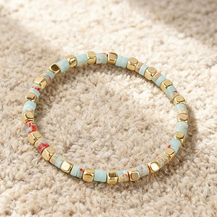Buddha Stones Armband aus blauen Fleckenjaspis- und grünen Aventurinperlen in Fassform - Shoushan-Stein (Glück ♥ Weisheit) - image 2