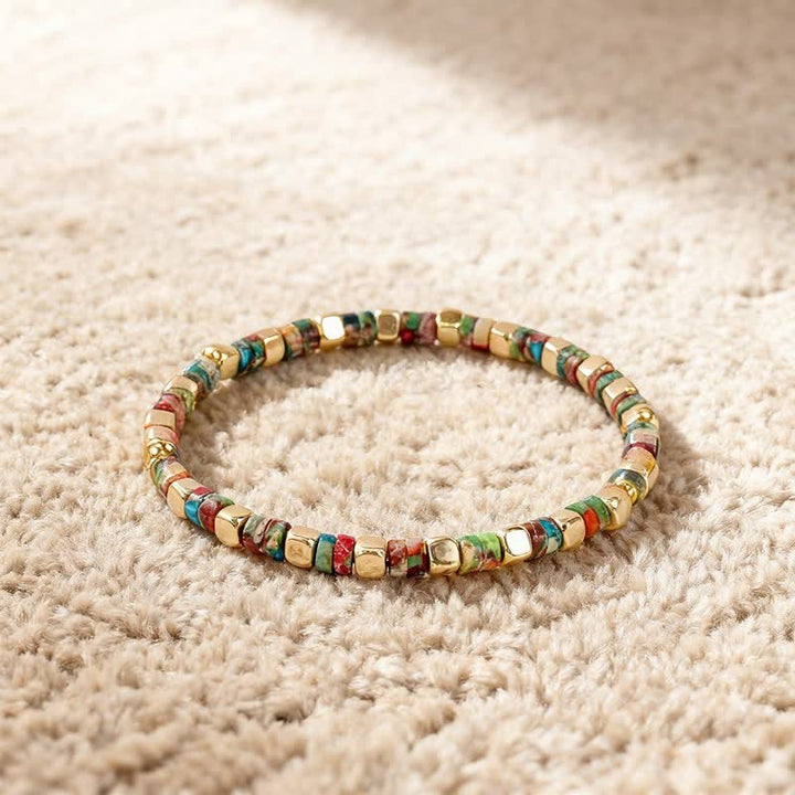 Buddha Stones Armband aus blauen Fleckenjaspis- und grünen Aventurinperlen in Fassform - image 11