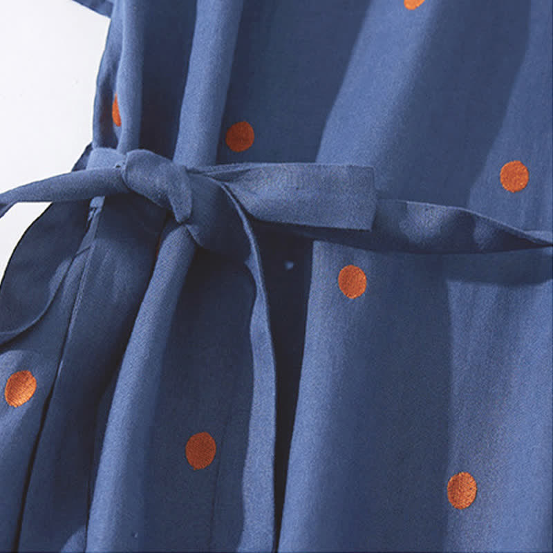 Buddha Stones Lässiges Damen-Midikleid mit Punktmuster, kurzen Ärmeln, Schnürung und Taschen - image 1