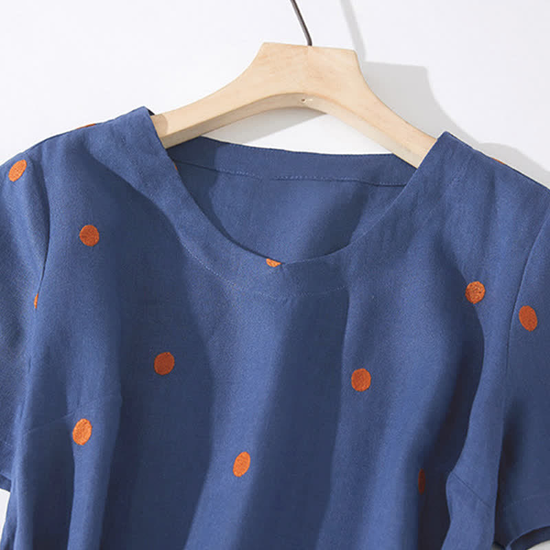 Buddha Stones Lässiges Damen-Midikleid mit Punktmuster, kurzen Ärmeln, Schnürung und Taschen - image 2
