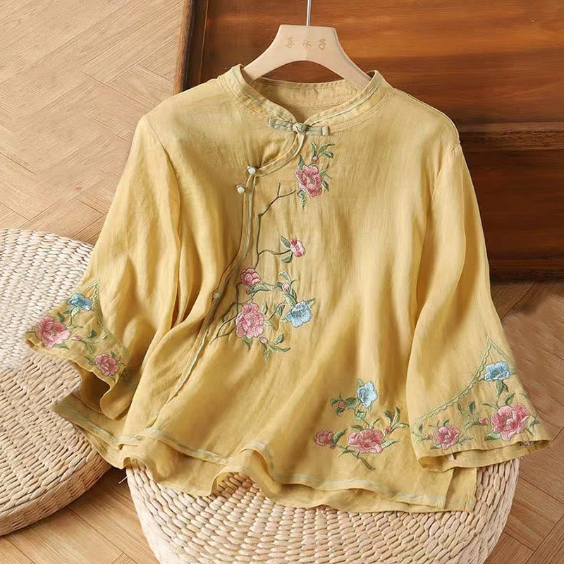 Buddha Stones Lässiges Damen-Baumwoll-Leinen-Shirt mit Vintage-Stickerei und Blumenmuster und chinesischem Froschknopf-Rundhalsausschnitt - Gold - US12, UK/AU16, EU44 (3XL) - image 4