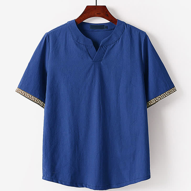 Buddha Stones Sommerliches, besticktes Kurzarm-T-Shirt mit Reverskragen für Herren aus Baumwoll-Leinen-Mischgewebe - SteelBlue - US/UK/AU56, EU66 (9XL) - image 0