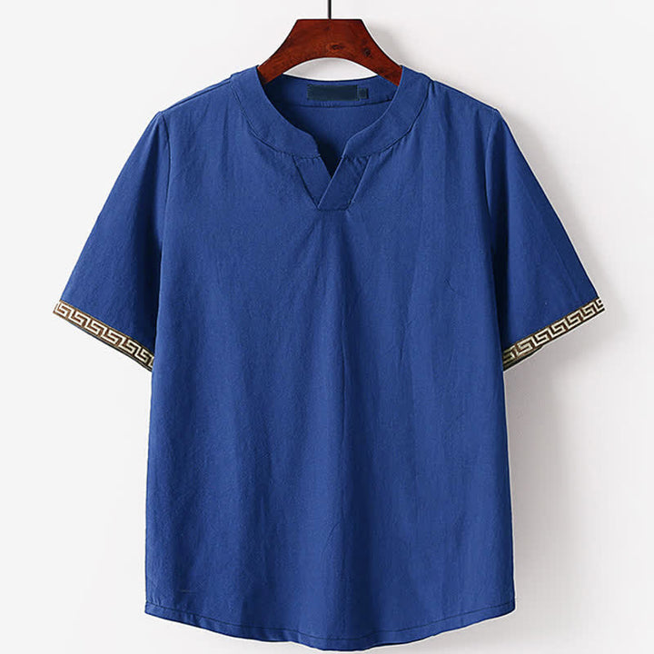 Buddha Stones Sommerliches, besticktes Kurzarm-T-Shirt mit Reverskragen für Herren aus Baumwoll-Leinen-Mischgewebe - SteelBlue - US/UK/AU56, EU66 (9XL) - image 0