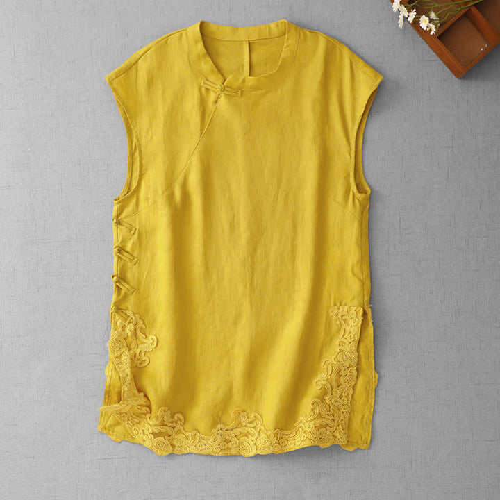 Buddha Stones Ärmellose Damenweste aus Baumwolle mit Stehkragen und chinesischem Froschknopf-Spitzen-Patchwork-Design - Gold - US12, UK/AU16, EU44 (2XL) - image 0