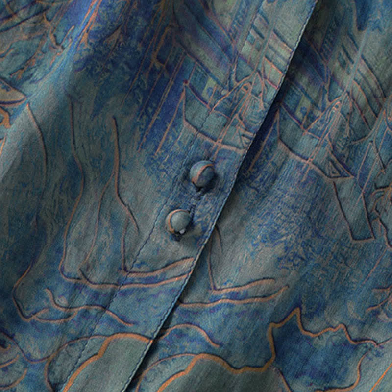 Buddha Stones Sommerliches Chiffon-Damenhemd mit Blumenmuster, Knopfleiste, Stehkragen und Ellbogenlänge. - image 5