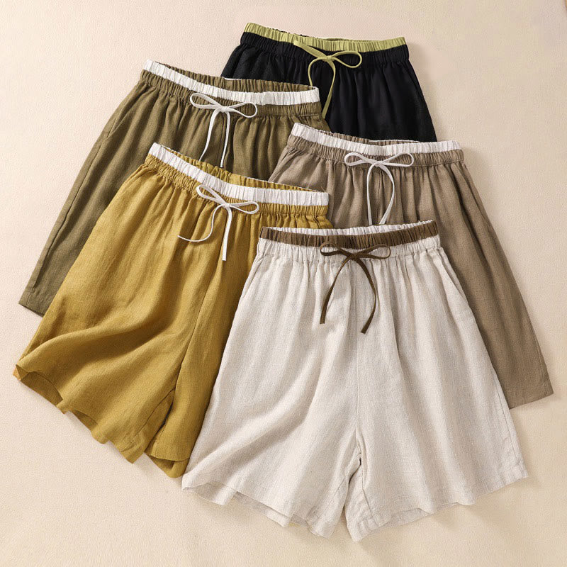 Buddha Stones Einfarbige Shorts aus Baumwollleinen mit Kontrastfarbe in der Taille, Schnürung und Taschen für Damen - image 0