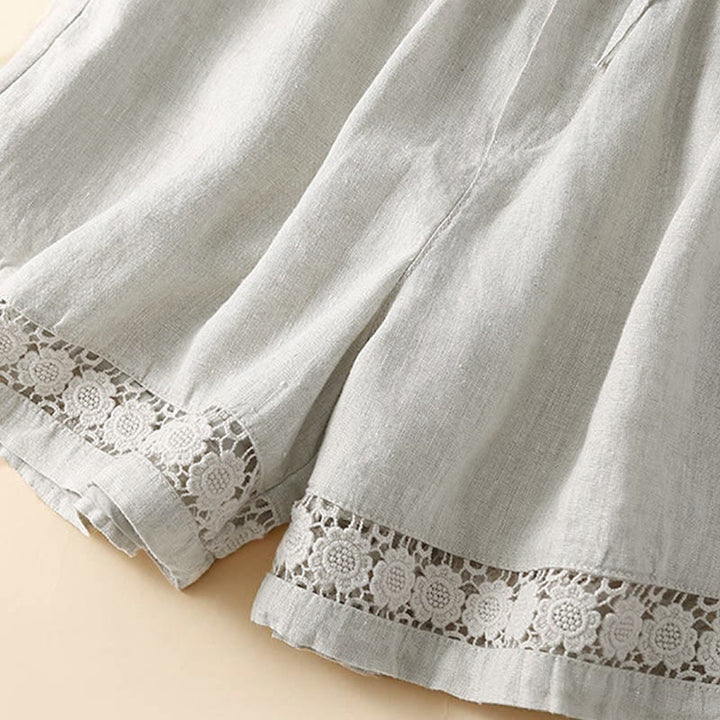 Buddha Stones Damen-Shorts aus Baumwolle mit einfarbiger Unterseite, hohlem Spitzendesign und Schnürung und Taschen - image 7
