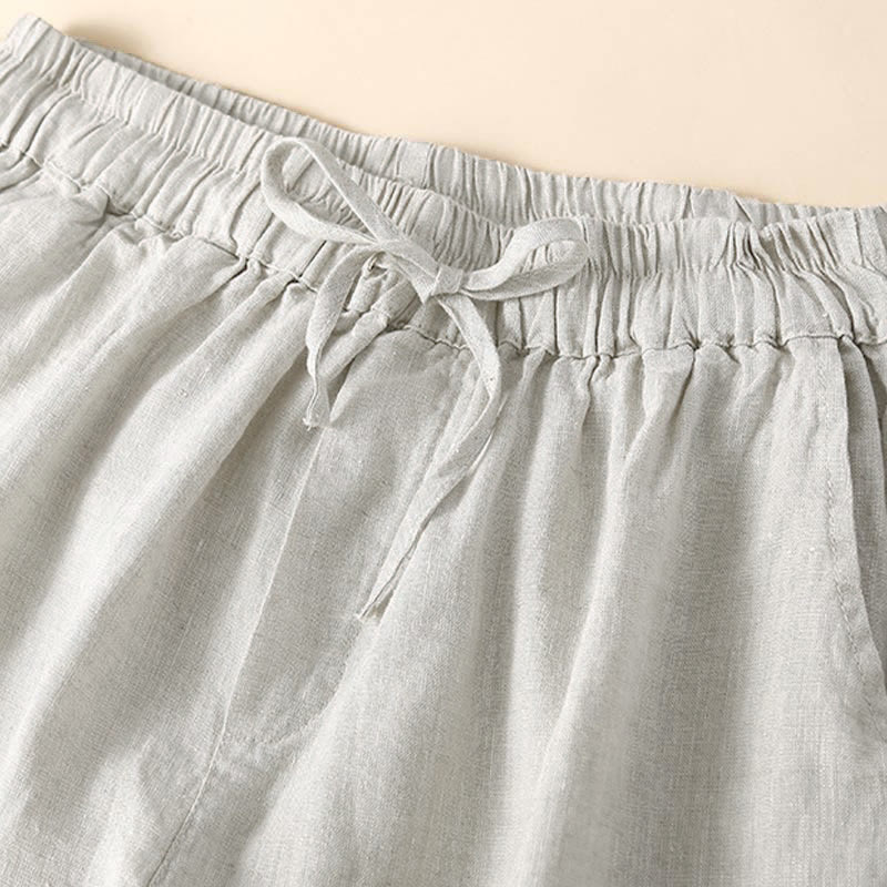 Buddha Stones Damen-Shorts aus Baumwolle mit einfarbiger Unterseite, hohlem Spitzendesign und Schnürung und Taschen - image 2