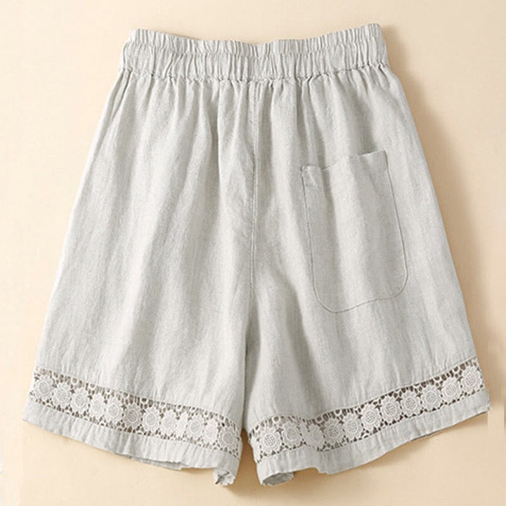 Buddha Stones Damen-Shorts aus Baumwolle mit einfarbiger Unterseite, hohlem Spitzendesign und Schnürung und Taschen - image 1