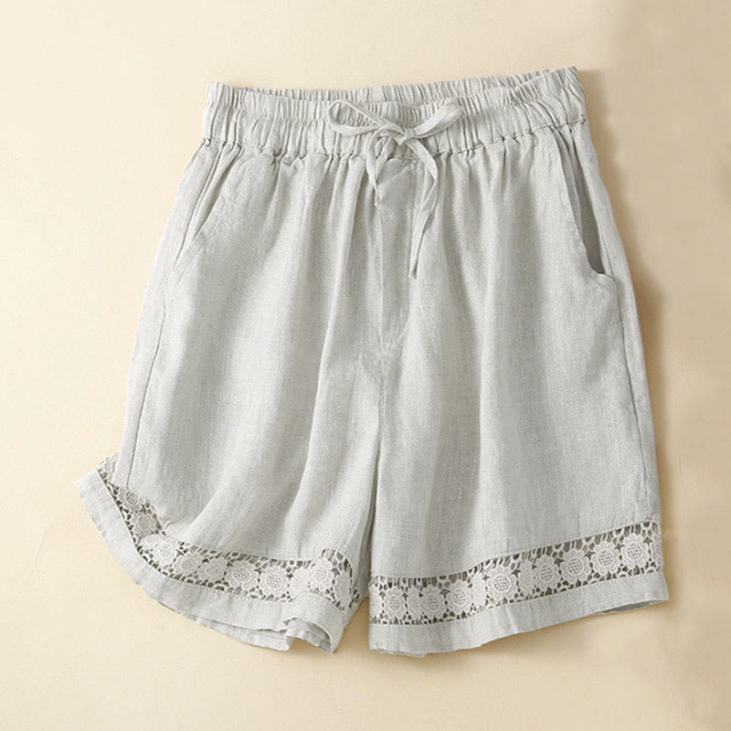 Buddha Stones Damen-Shorts aus Baumwolle mit einfarbiger Unterseite, hohlem Spitzendesign und Schnürung und Taschen - Beige - US12, UK/AU16, EU44 (3XL) - image 0