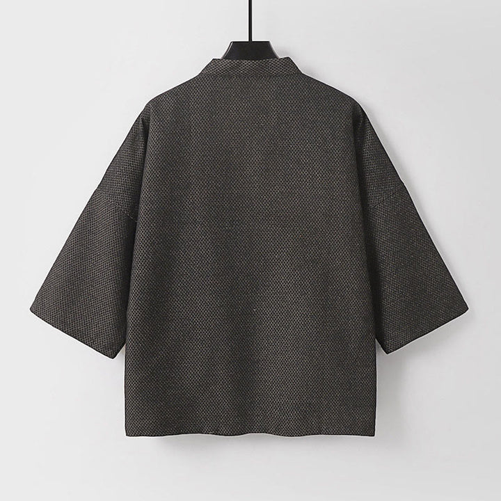 Buddha Stones Lässiger, minimalistischer Kimono für Herren aus einfarbigem Baumwoll-Leinen-Mischgewebe mit Kordelzug und Taschen für den Herbst - image 2