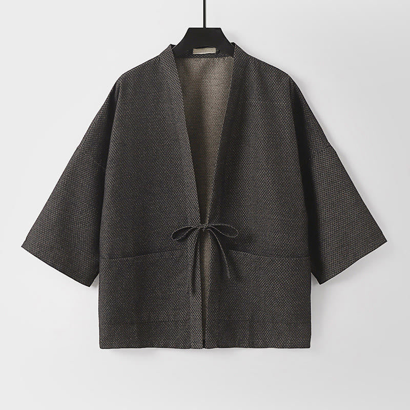Buddha Stones Lässiger, minimalistischer Kimono für Herren aus einfarbigem Baumwoll-Leinen-Mischgewebe mit Kordelzug und Taschen für den Herbst - image 1