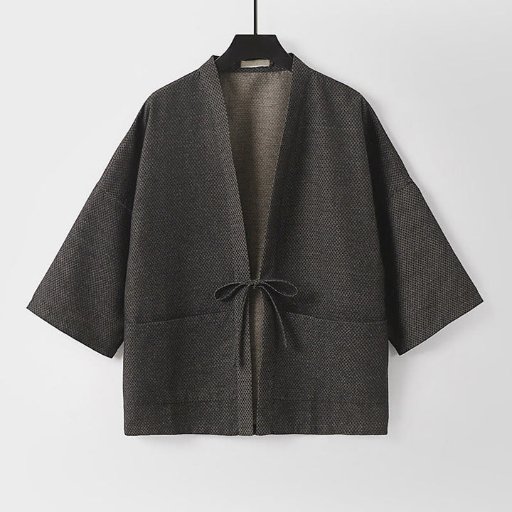 Buddha Stones Lässiger, minimalistischer Kimono für Herren aus einfarbigem Baumwoll-Leinen-Mischgewebe mit Kordelzug und Taschen für den Herbst - image 1