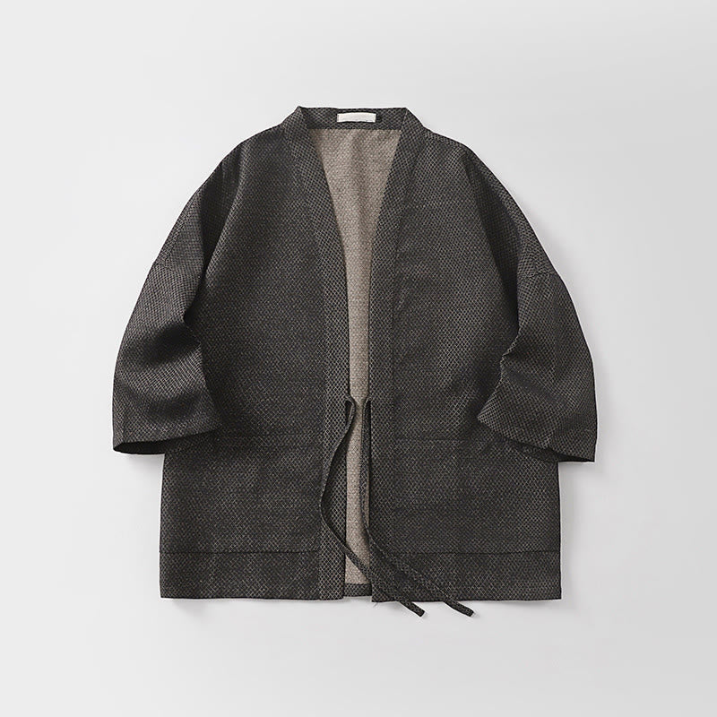 Buddha Stones Lässiger, minimalistischer Kimono für Herren aus einfarbigem Baumwoll-Leinen-Mischgewebe mit Kordelzug und Taschen für den Herbst - image 3
