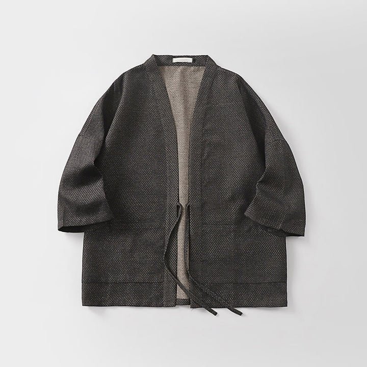 Buddha Stones Lässiger, minimalistischer Kimono für Herren aus einfarbigem Baumwoll-Leinen-Mischgewebe mit Kordelzug und Taschen für den Herbst - image 3
