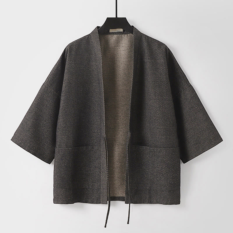 Buddha Stones Lässiger, minimalistischer Kimono für Herren aus einfarbigem Baumwoll-Leinen-Mischgewebe mit Kordelzug und Taschen für den Herbst - DimGray - US/UK/AU54, EU64 (9XL) - image 0