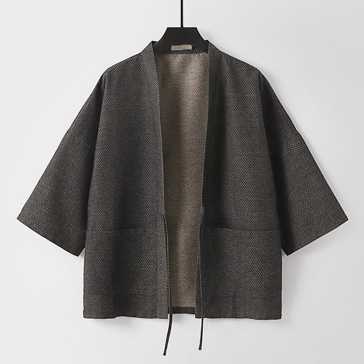 Buddha Stones Lässiger, minimalistischer Kimono für Herren aus einfarbigem Baumwoll-Leinen-Mischgewebe mit Kordelzug und Taschen für den Herbst - DimGray - US/UK/AU54, EU64 (9XL) - image 0