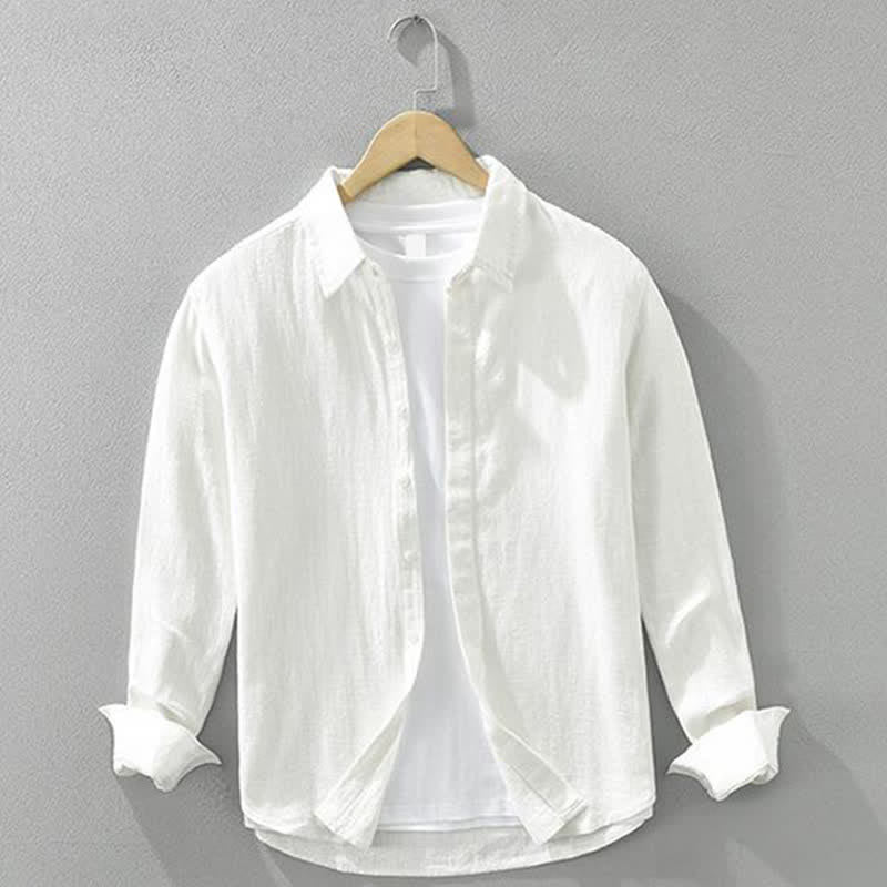 Buddha Stones Lässige, minimalistische Herren-Langarmhemden aus einfarbigem Ramie für Frühling und Herbst mit Knopfleiste - Weiß - US/UK/AU42, EU52 (3XL) - image 13