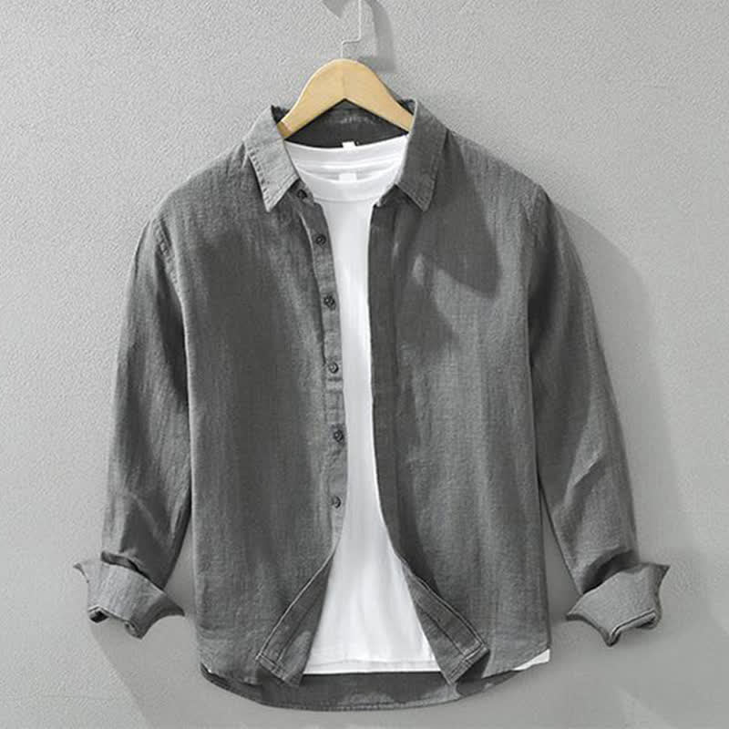 Buddha Stones Lässige, minimalistische Herren-Langarmhemden aus einfarbigem Ramie für Frühling und Herbst mit Knopfleiste - DimGray - US/UK/AU42, EU52 (3XL) - image 0