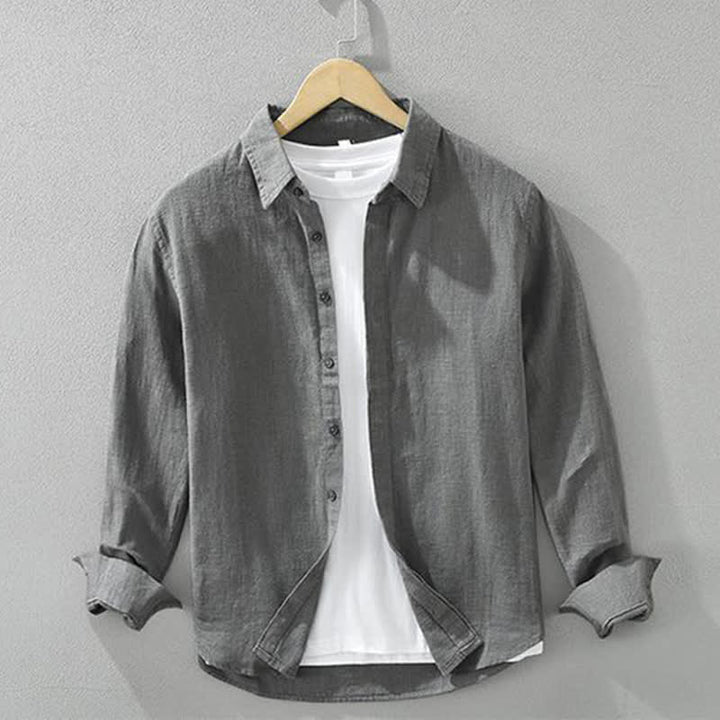 Buddha Stones Lässige, minimalistische Herren-Langarmhemden aus einfarbigem Ramie für Frühling und Herbst mit Knopfleiste - DimGray - US/UK/AU42, EU52 (3XL) - image 0
