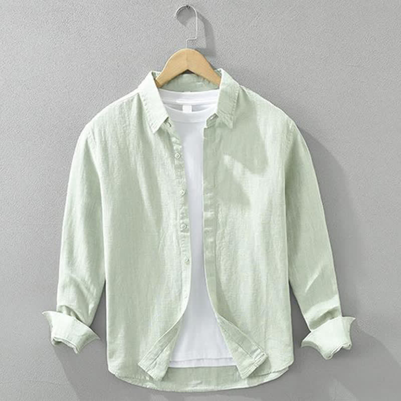 Buddha Stones Lässige, minimalistische Herren-Langarmhemden aus einfarbigem Ramie für Frühling und Herbst mit Knopfleiste - Minzcreme - US/UK/AU42, EU52 (3XL) - image 9