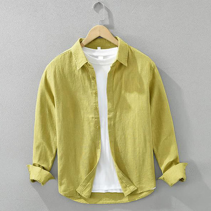 Buddha Stones Lässige, minimalistische Herren-Langarmhemden aus einfarbigem Ramie für Frühling und Herbst mit Knopfleiste - Khaki - US/UK/AU42, EU52 (3XL) - image 12