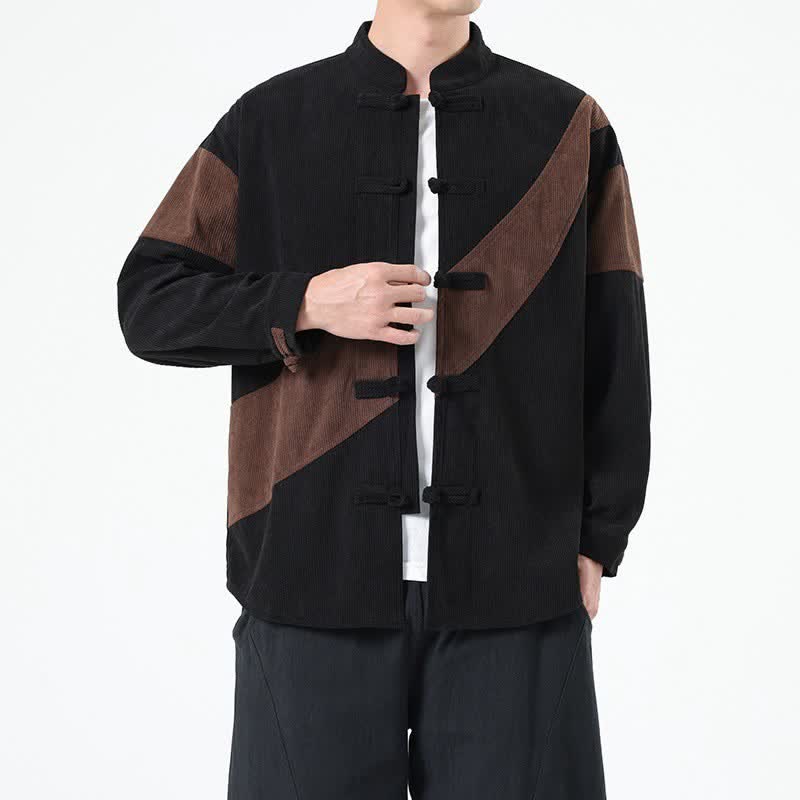 Buddha Stones Lässige Herrenjacke im Tang-Stil mit Froschknopfleiste und geometrischem Muster für Herbst und Winter - Sattelbraun - US/UK/AU46, EU56 (5XL) - image 0