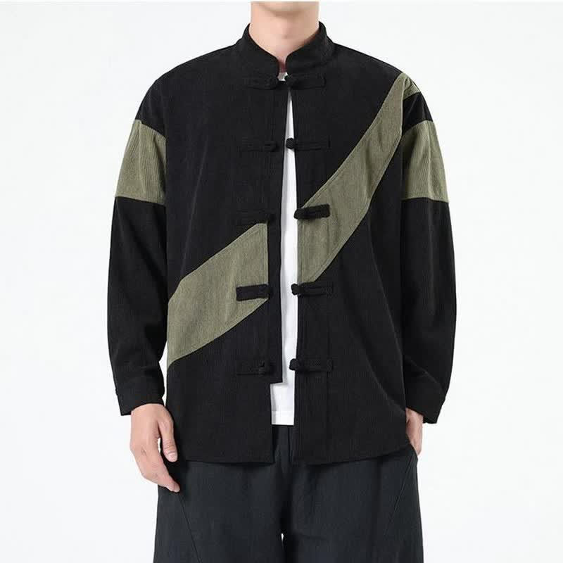 Buddha Stones Lässige Herrenjacke im Tang-Stil mit Froschknopfleiste und geometrischem Muster für Herbst und Winter - Dunkelolivgrün - US/UK/AU46, EU56 (5XL) - image 6